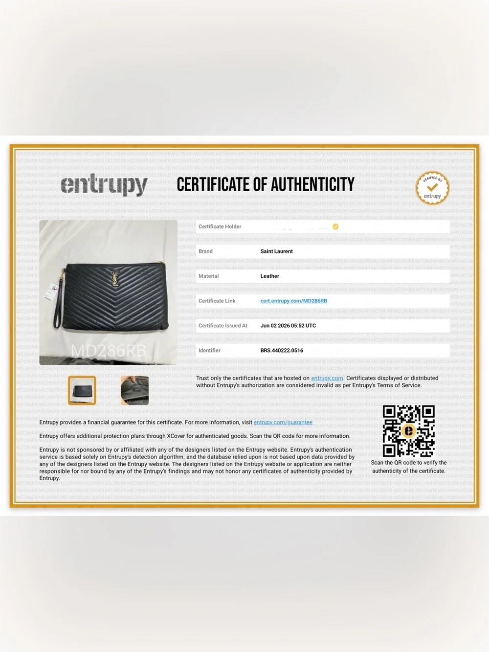 Saint Laurent Black Chevron Leather Wristlet/Clutch w/Gold YSL Logo Entrupy COA